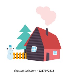 Tree pine growing by wooden cottage house vector. Snowman with carrot nose and bucket on head, fence by home. Smoke going out from building chimney
