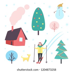 Tree pine and houses person skiing vector. Home with chimney and smoke, trees and snowman wearing warm hat. Decorated Christmas plant with garlands