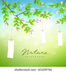 Tree and pink flower with white paper card on green nature background, vector illustration
