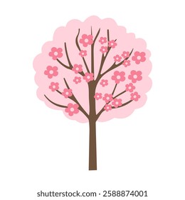A tree with pink flowers is drawn in a cartoon style. The tree is the main focus of the image, and the pink flowers are scattered throughout the branches. Scene is cheerful and playful, as the tree