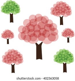 Tree with pink and green color circle style art  for spring season on white background vector illustrations 