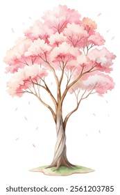 A tree with pink leaves is depicted in a watercolor painting. The tree is the main focus of the painting, and it is a beautiful and serene scene. The pink leaves give the painting a sense of warmth