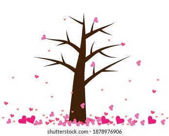 Tree with pink and red falling heart on white background. Love and Valentine 's day concept.
