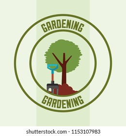 tree and pitchfork tool label gardening image