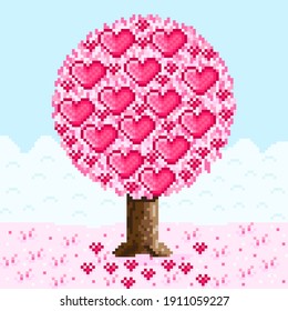 Tree pixel art. Pink tree. Tree of love. Tree decorated with hearts. Vector illustration. Valentine's Day.	