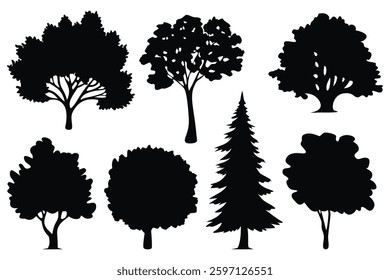 
Tree plan line silhouettes set isolated flat vector illustration on white background.