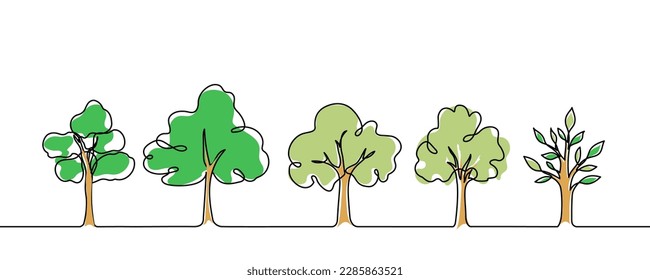 Tree plant doodle outline vector forest environment. Continuous one line tree plant for eco, nature, garden logo design. Ecology green concept, background. Vector illustration