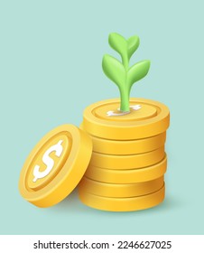 Tree plant growing on a money coin represents Finance or investment growth with money business development concept. Deposit interest. Savings. 3D vector illustration.