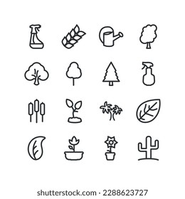 Tree and plant Line Icon Set. with Cactus, river reed and palm