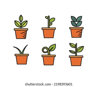 árbol en el conjunto de iconos del recipiente de planta ilustración vectorial