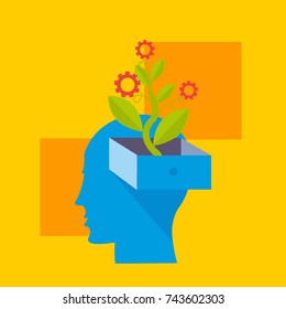 Tree plant with technology gears and cogs growing from the head tray of a young man. Innovation, Entrepreneurship and Business learning and concept illustration vector.
