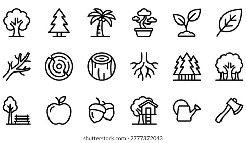 Tree and plant themed thin line icon set featuring different types of trees, leaves, and forestry elements. Vector art.