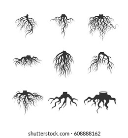 Tree and plant underground roots vector set. Tree root black. illustration of plant silhouette root