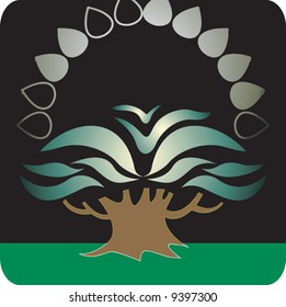  a tree planted in green ground in black background	
