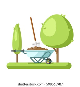 Tree planting background. Shovel stuck in ground. Save nature concept with green tree shovel wheelbarrow earth grass. Flat vector illustration
