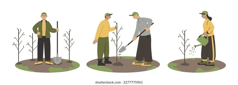 Tree planting charity, green team. Nature protection and caring. People planting garden. Voluntary group. Color set vector graphic, flat art collection, cartoon illustration