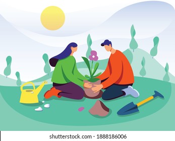 tree planting concept illustration , man and woman planting tree together .