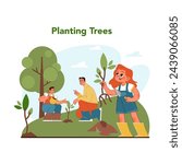 Tree planting concept. Spirited children and attentive adult participate in wholesome act of planting young trees, fostering growth and environmental stewardship. Flat vector illustration