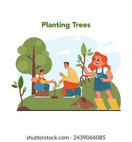 Tree planting concept. Spirited children and attentive adult participate in wholesome act of planting young trees, fostering growth and environmental stewardship. Flat vector illustration