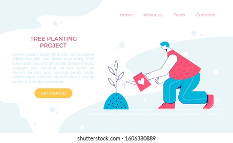 Tree planting concept. Woman is watering a seeding. Vector illustration. Landing page. 