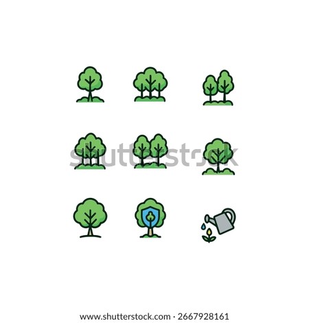 Tree planting and forest conservation icon set in colorful cartoon style with bold outlines, including seedlings, tools, and nature protection symbols.