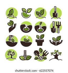 Tree planting and green gardening horticulture vector icons set