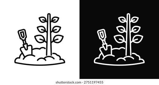 Tree Planting Icon In Black And White Filled Style.
