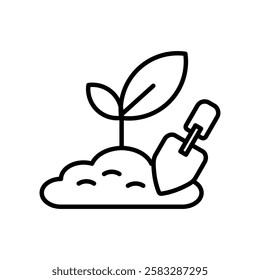 
Tree Planting line icon, Seedling in soil with shovel, symbolizing growth, gardening, planting ideas for business, environment, sustainability. Perfect for agriculture, botany, nature concepts.
