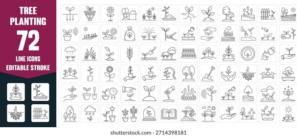 Conjunto de iconos lineales de plantación de árboles para la reforestación, jardinería y cuidado del medio ambiente