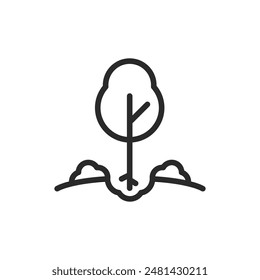 Tree planting, linear style icon. Tree being planted in dug hole. Editable stroke width