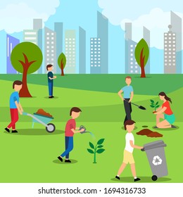 Tree planting people vector illustration