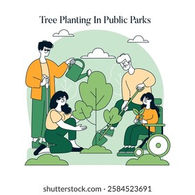Tree planting in public parks fosters community engagement and environmental stewardship. Individuals of varied abilities participate in planting and nurturing trees, enhancing green spaces. This