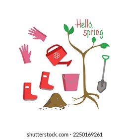  Tree planting.   A spring set of drawings. Tools for work in the garden. The birthday of fruit trees. Seedling, watering can, shovel, bucket, gloves and rubber boots. Vector illustration. 