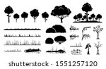 Tree, plants, and grass vector graphic design. A set of tree, foliage, grass, forest, flower, bushes, branches, and vines in black silhouette style. 