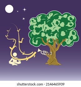 Tree playing flute in moonlight fun illustration