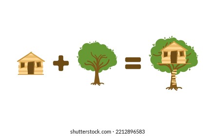 Tree plus house equals tree house. Children's treehouse. Vector illustration