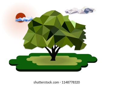 tree polygon landscape with  sun cloudy polygon background, low poly modelling effect design. geometric and triangle shape,vector art and illustration. tree forest nature concept.