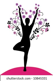 Tree pose silhouette with flowers.