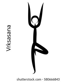 Tree Pose, Vrksasana. Yoga Position. Vector Silhouette Illustration. Vector graphic design or logo element for spa center, studio, poster. Yoga retreat. Black. Isolated.