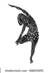 Tree Pose Yoga, Vriksasana yoga position posture, hand drawn vector, 7 chakra flower floral symbol concept