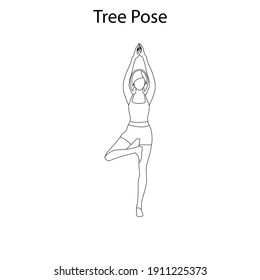 Tree pose yoga workout outline on the white background. Vector illustration