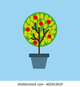 tree in a pot with beautiful flowers over blue background. colorful design. vector illustration