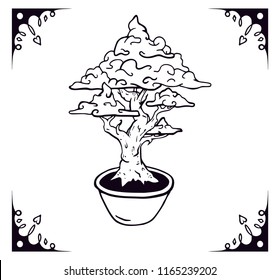 Tree in a pot bonsai art illustration with black clean outline. Simple tree black and white silhouette in a small black frame. Tree logo design. Single tree hand drawn original shape and unique art.