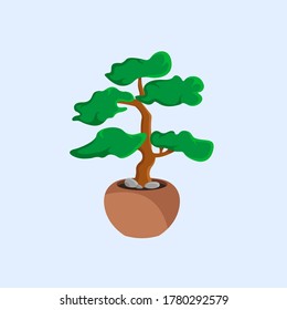 Tree in a pot. Green tree in flat cartoon style. Vector illustration	