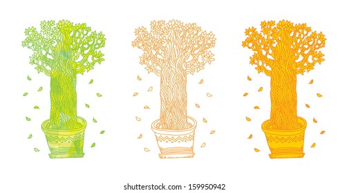 tree in a pot line drawing vector set