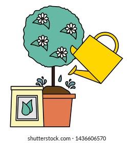 tree in pot watering can and soil tools decoration gardening flat design vector illustration