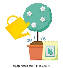 tree in pot watering can and soil tools decoration gardening flat design vector illustration