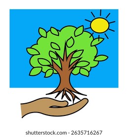 Tree protection illustration. Green foliage vector. Hand support symbol. Sunny sky background.