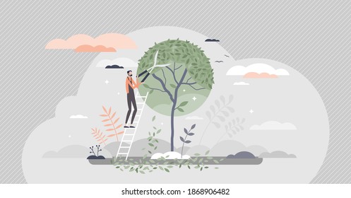 Tree pruning and gardening as tree trimming or shaping tiny person concept. Professional canopy crown forming with gardeners scissors as pruner occupation work visualization scene vector illustration.