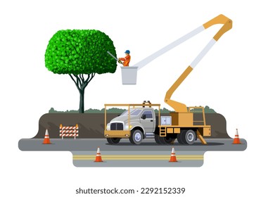 Tree pruning with hedge trimmer from aerial lift platform. Bucket truck tree surgeon city service vehicle. Aerial work basket vehicle. Vector clip art of cherry picker on white background